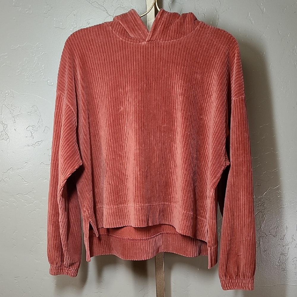 Aerie Groove-on Velour Ribbed Hoodie Sweater Cinnabar Rust Color